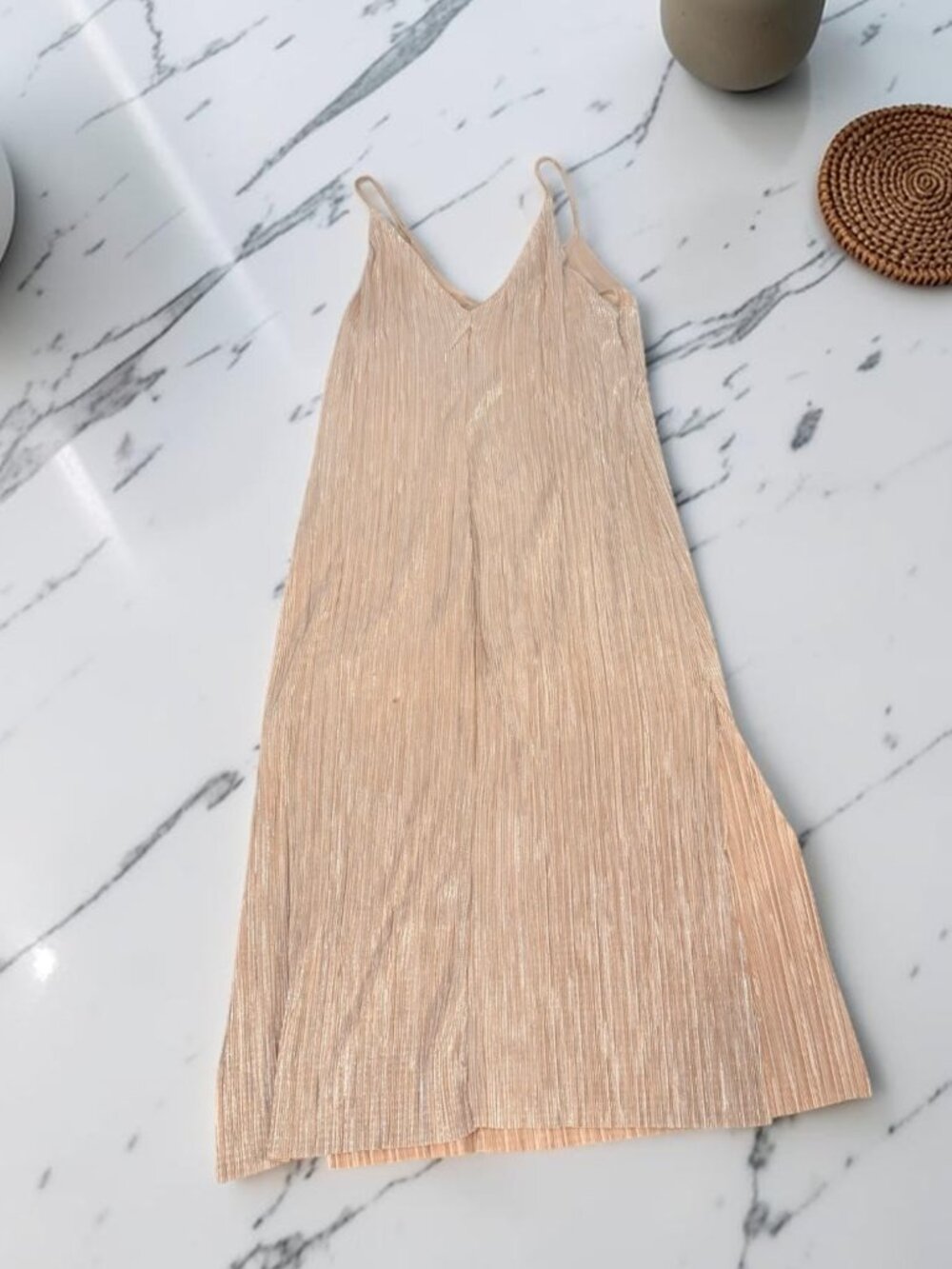 Zara Champagne Shimmer Slip On Midi Dress Size Medium Side Slits - Picture 3 of 10